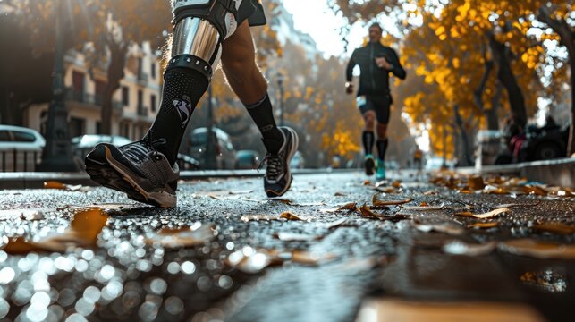 Determined athlete with prosthetic leg running in a competitive marathon race.
