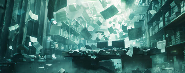 Amidst a futuristic setting, the desk is in chaos with papers flying and documents in complete disarray