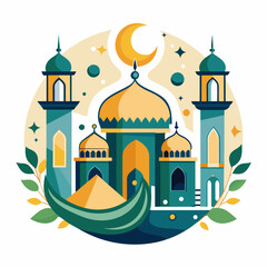 Happy Eid Al Adha Mubarak celebration banner with moon and cow goat paper cut effect on blue night color background. Eid Al Adha Mubarak Muslim celebration day