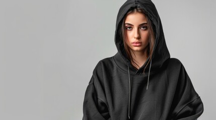 Fototapeta premium Woman wearing a black hoodie generative ai