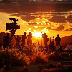 Fototapeta premium Silhouettes of Film Crew Shooting Cinematic Sunset Scene with Professional Camera Equipment and Golden Sky Background in Natural Landscapefilm crew