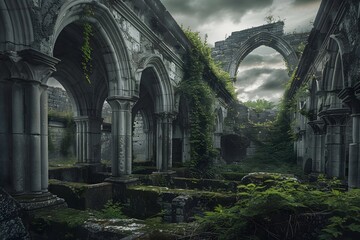 Fototapeta premium Overgrown Arches in Abandoned Stone Building with Dramatic Sky