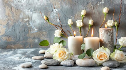 A group of light beige candles with pebbles and roses on a white table against a grey wall, in the style of a spa concept, with a minimalist style and beautiful composition.