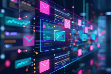 Fototapeta premium Email marketing strategy visualized with a digital dashboard tracking a series of outgoing emails, highlighting database integration and performance monitoring