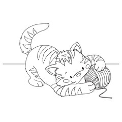cute little cat with woolly ball coloring page for kids, black outline isolated vector illustration on white background, template for coloring or activity book for children