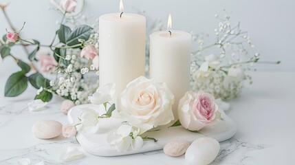 A group of light beige candles with pebbles and roses on a white table against a grey wall, in the style of a spa concept, with a minimalist style and beautiful composition.