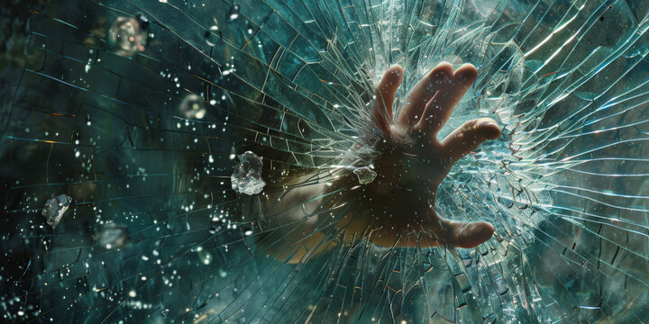 Blurred hand breaking ice or glass surface.