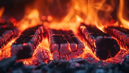 Mesmerizing Display of Fire: Charred Logs Aglow in a Campfire's Radiant Blaze