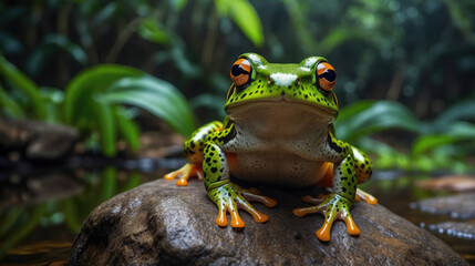 wildlife of frogs perched on rocks and trees in the forest