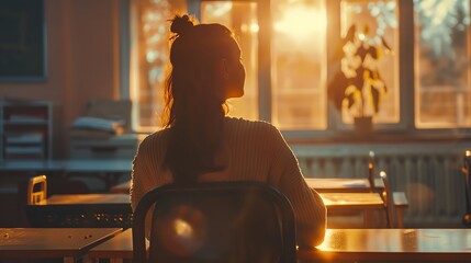 Silhouette of a woman sitting in a classroom looking out a window at sunset, creating a peaceful and reflective ambience.