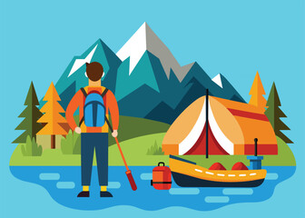 Fototapeta premium Traveling couple hiking man and woman active lifestyle outdoor activity vector walking trip mountains or cliff river rafting inflatable boat backpack and tent camping backpacking boyfriend girlfriend 