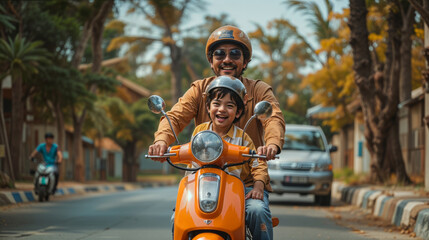 Indian father riding scooter, kid boy sitting on front