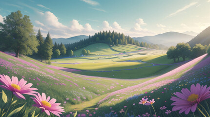 A stunning daytime scene of a lush valley surrounded by majestic mountains. The clear blue sky is dotted with fluffy white clouds, and the vibrant green meadows are sprinkled with colorful wildflowers