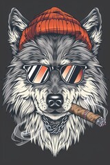 Fototapeta premium Cool wolf with beanie and cigar artwork