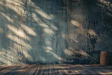 Fototapeta premium Sunlit Textured Wall with Shadows of Branches in a Serene Indoor Setting Background
