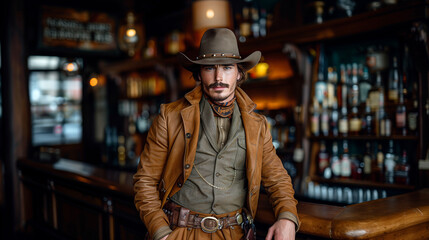 Portrait of a bearded man wearing nineteenth century far west clothes standing inside a saloon. (AI generated) 