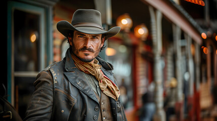 Portrait of a bearded man wearing nineteenth century far west clothes standing outdoors in front of a saloon. (AI generated) 