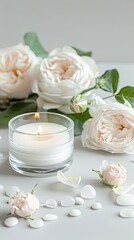 A group of light beige candles with pebbles and roses on a white table against a grey wall, in the style of a spa concept, with a minimalist style and beautiful composition.