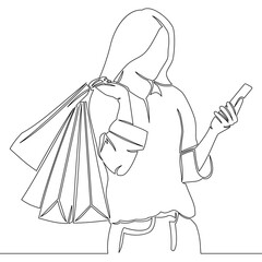 Continuous one single line drawing Woman with shopping bag standing and using phone icon vector illustration concept