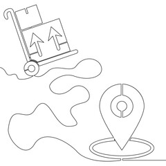 Continuous one single line drawing Cargo cart delivery to destination Map pointers icon vector illustration concept