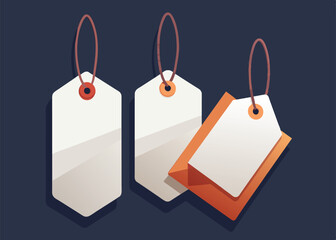 Blank white paper price tags or gift tags in different shapes. Set of labels with cord.