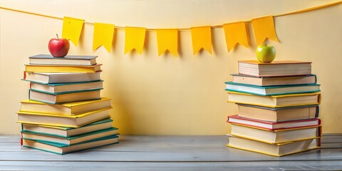 School book stack with beige background and copy space. School banner for education advertising symbolizing knowledge and education, learning, study