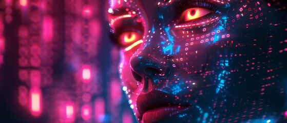 Digital face of an AI with glowing binary code, scifi style, vibrant tones, digital art, hightech background 8K , high-resolution, ultra HD,up32K HD