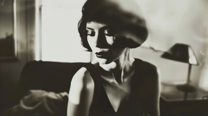 A vintage black and white portrait of a woman with dramatic shadows creating a moody and nostalgic atmosphere.

