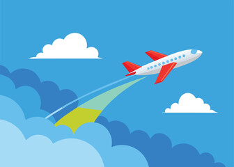 Air plane flies in the blue sky above the clouds, leaving trail behind it. Illustration.