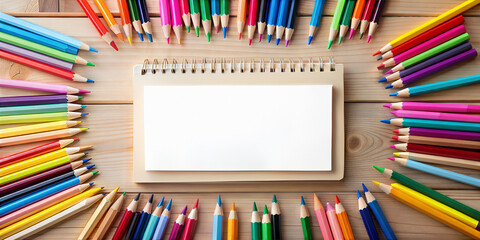 Open blank notebook surrounded by vibrant colored pencils arranged in a creative layout on a wooden desk with copy space, symbolizing back to school