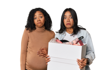 Latin women couple moving, one pregnant  shrugs shoulders and open eyes confused.