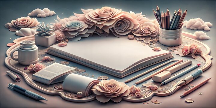 Artistic still life featuring open books, pencils, and educational materials suggesting a tranquil, studious environment, ideal for back to school themes