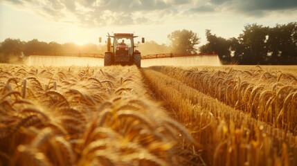 Fototapeta premium A farmer operating an agricultural sprayer in a wheat field selective focus on the farmer hard work theme dynamic Multilayer Wheat field backdrop. superrealistic