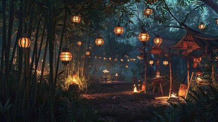 Serene Bamboo Grove Illuminated by Lanterns with Gypsy Camp at Dusk