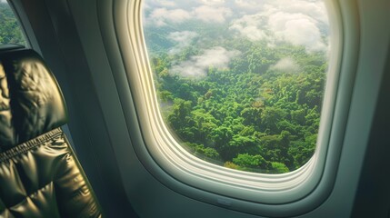 A business-class airplane seat with a window view of a lush green landscape selective focus on the scenery nature theme realistic Blend mode Countryside backdrop