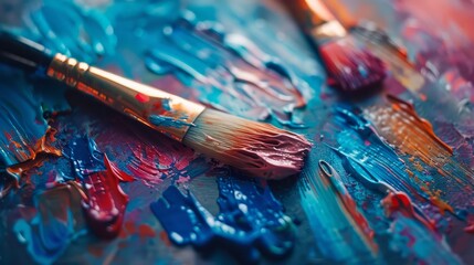 A piece of paper curling around a paintbrush close up on the interaction art theme vibrant Overlay Artist's studio backdrop. Fantasy illustrator