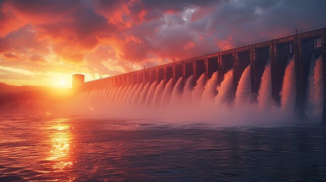 A hydroelectric dam at sunset with dramatic lighting selective focus on the dam structure evening theme ethereal Multilayer Sunset backdrop. superrealistic