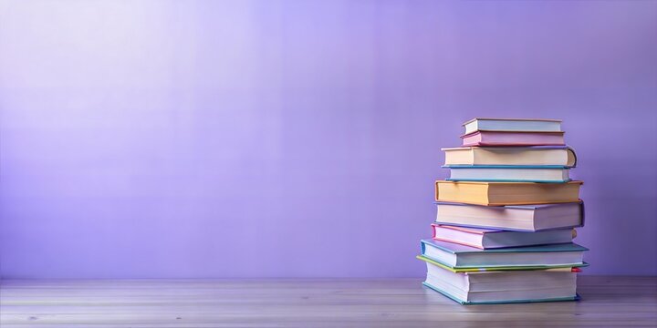Tall stack of colorful hardcover books on a wooden surface against a soft purple backdrop signifying learning and education