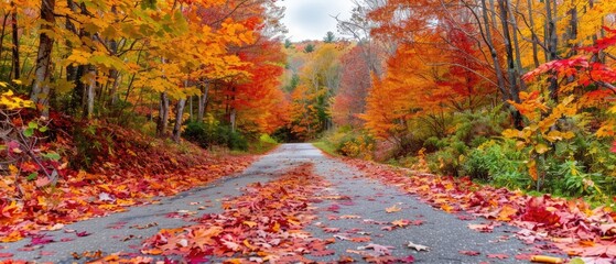 Fototapeta premium Road through a colorful autumn forest with vibrant reds, oranges, and yellows, the fallen leaves creating a carpet of color on the ground