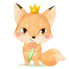Fox Princess. Little Red Fox in a crown with a bouquet of pink flowers. Forest animals clipart. Cute animal alphabet. Letter F. Children's watercolor illustration on isolated background.  