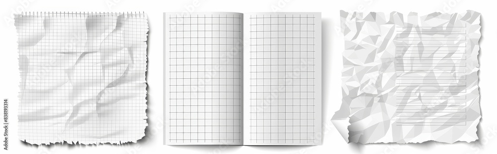 Poster blank white checkered and lined sheets of notebook paper isolated on transparent background. modern 
