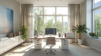 Fototapeta premium High-resolution photograph of a modern office space featuring a large desk with a sleek computer setup, an ergonomic chair, and minimalist decor. Large windows let in plenty of natural light, creating