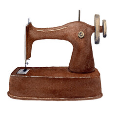 Brown vintage sewing machine, isolated watercolor painting on white background. For posters, logo, label, wrapping paper, postcards, stickers