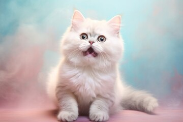 Portrait of a smiling munchkin cat in pastel or soft colors background