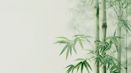 Fototapeta premium Bamboo stalks with green leaves against a light background