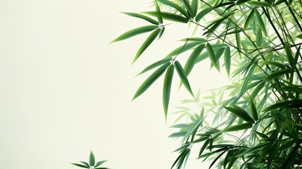 Bamboo plant with a focus on its green leaves and stems. The bamboo is set against a light, neutral background that provides a soft contrast to the plant's vibrant green color