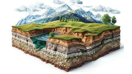 Detailed cross-section of soil layers beneath a picturesque landscape with mountains, trees, and grassy terrain.

