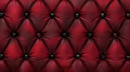 Fototapeta premium Tufted leather surface with a classic diamond pattern. The leather is a rich red color, and the tufting is accentuated with black buttons at each intersection of the diamond shapes