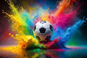 Naklejka premium A Football splashing with color paint isolated on a colourfull and white background