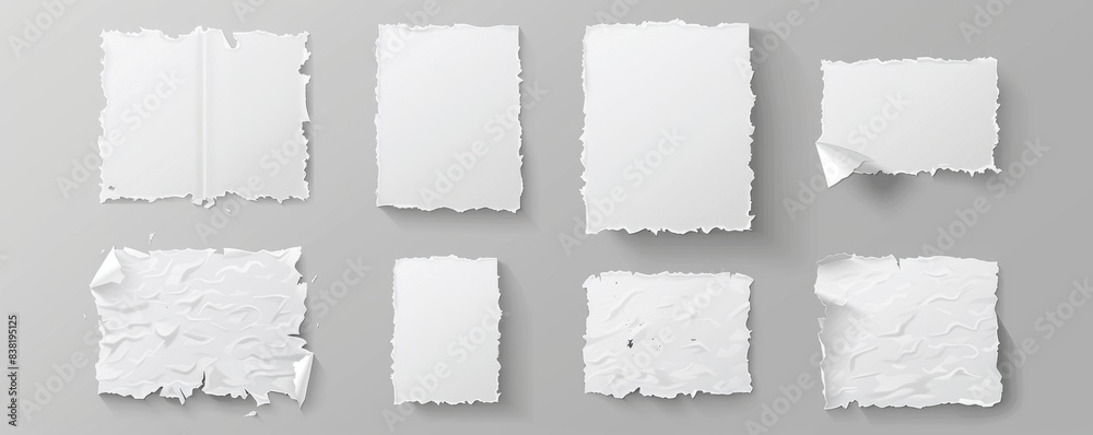 Poster Torn white paper sheets isolated on transparent background. Modern illustration of torn, uneven edged white paper. Damaged letter mockup, document mockup, newspaper cutout.